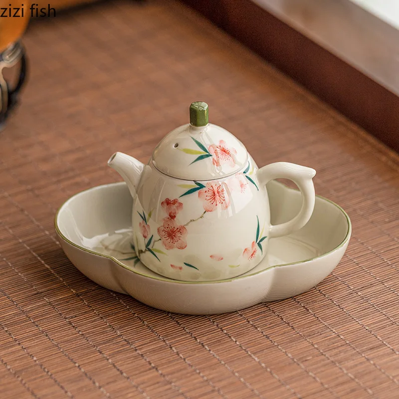 Hand Painted Peach Blossom Teapot Ceramic Single Pot Tea Kettle Tea Making Pot Tools Teas Tray Teas Infuser Teaware Sets