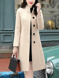 Stylish Women Woolen Coat Long Sleeve Autumn Winter Slim Fit Buttons Woolen Coat  Elegant Women Overcoat for Office