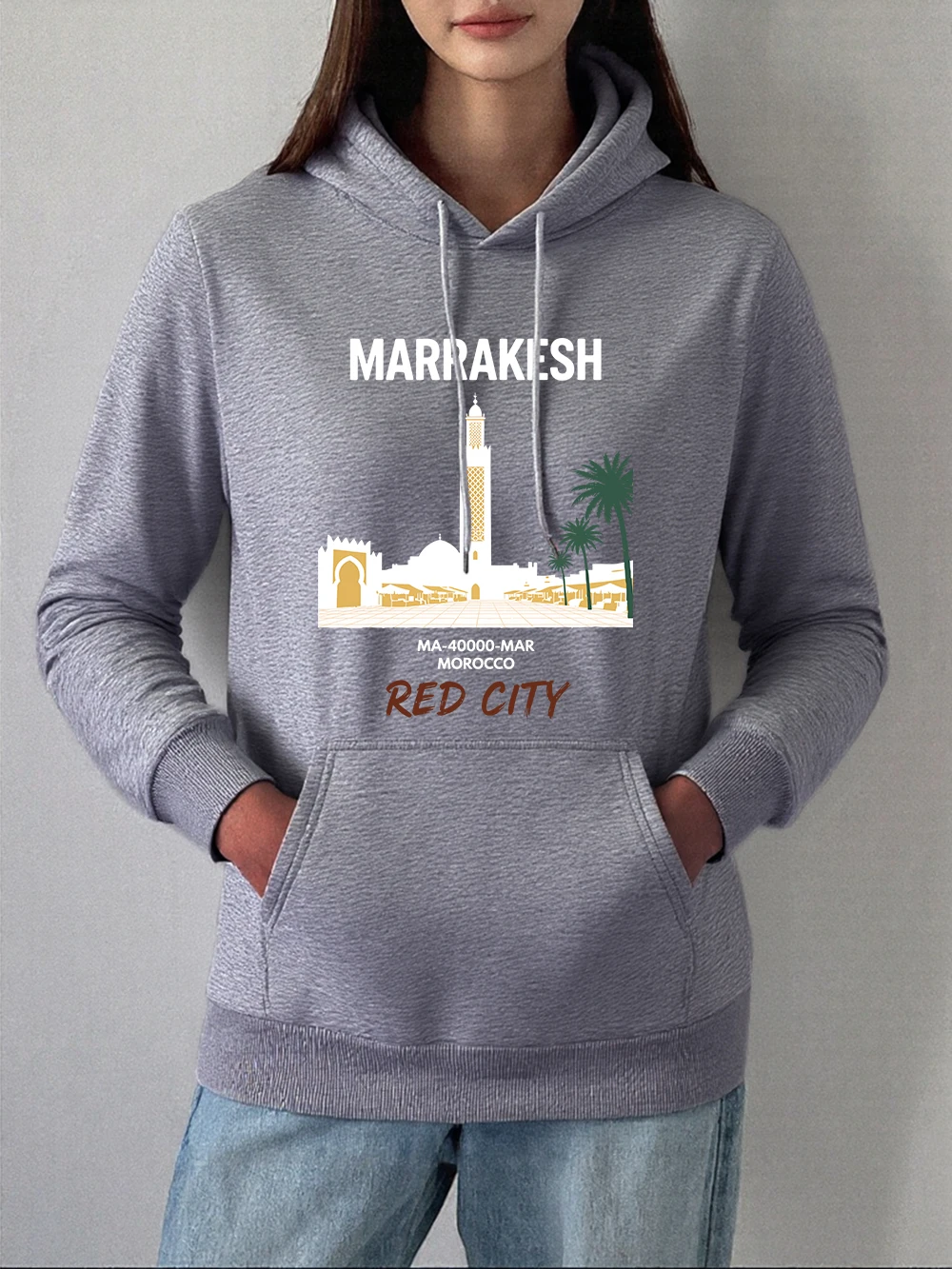 Felpa con cappuccio con stampa di lettere Red City Marrakesh Felpa calda in pile invernale da donna Nozioni di base Pullover tascabile Abiti casual da donna larghi
