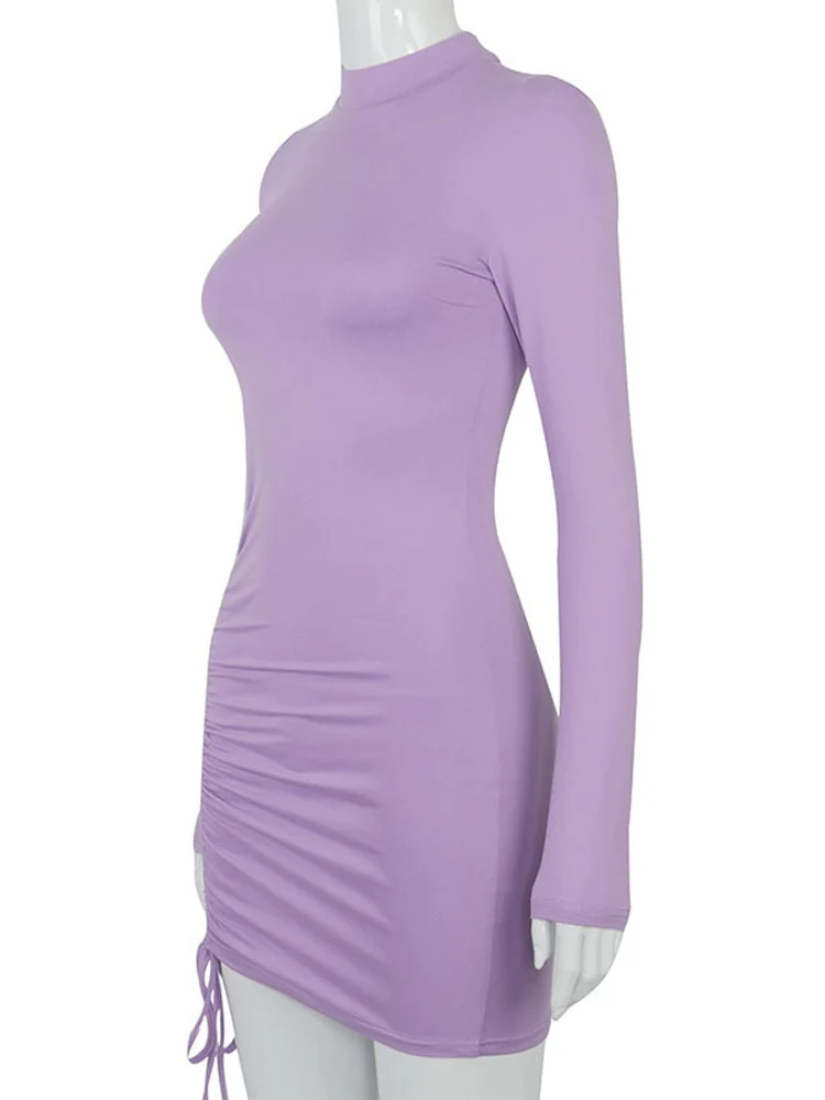 Langarm geraffte einfarbige figur betonte Kleid Frauen Roll kragen Bandage Mini kleider Herbst schwarz dünn dehnbar Party Vestidos