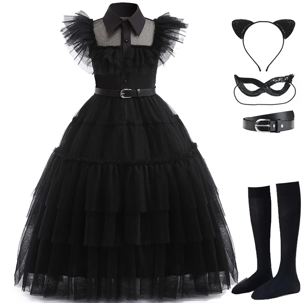 Halloween Carnival Vestidos Wednesday Addams Cosplay Costume For Girl Teenage Kids Mesh Party Evening Long Dresses 5 10 12 Yrs