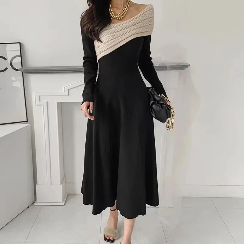 Chic Fashion Design Autumn Spring Knitting Midi Dress Elegant Women V Neck Black Patchwork Long Sleeve Slim Waist Sweater Dress