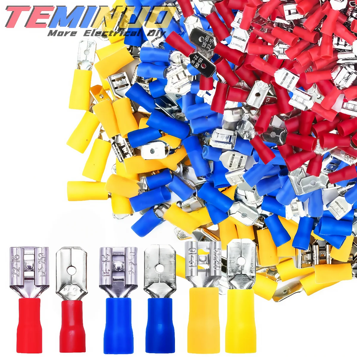 100 Stück Isolierte Stecker- und Buchsen-Schnellverbinder-Set, 3 Größen AWG 22-10 Flachsteckverbinder, 6,3mm/250 Serie Messing+PVC