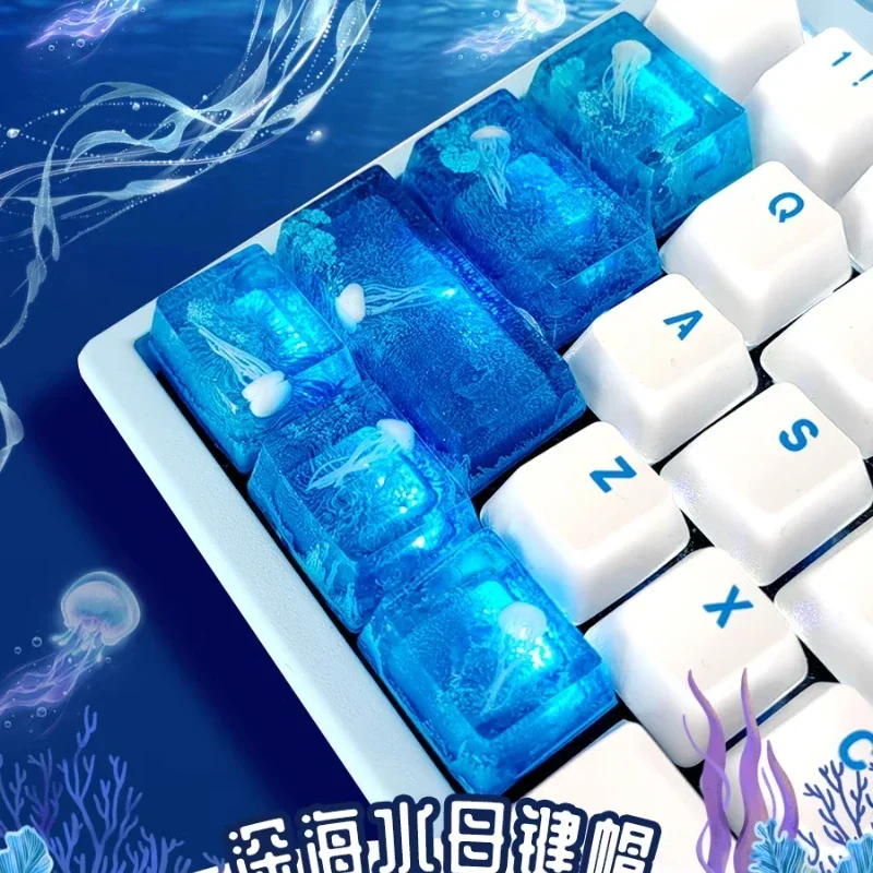 Marine Jellyfish Resin Keycaps OEM 1.75u 2.75u 1.5u Point Keycap Custom MX Switch Mechanical Keyboard Decoration Artisan Keycap