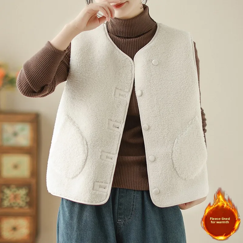 Colete de Pele de Cordeiro F Outono Inverno Estilo Coreano Jaqueta Sem Mangas com Decote Redondo Estilo Casual em Poli...