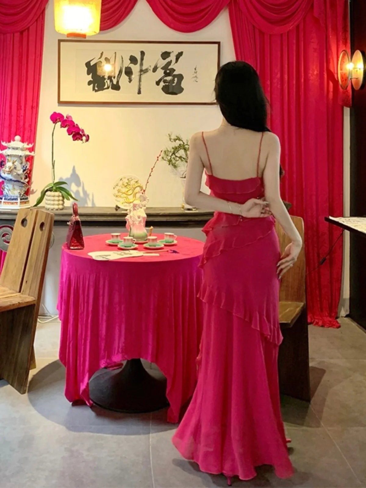 Dopne Vaion Dr Pink Strapl Dress Ele Saia de verão de poliéster de cintura alta para mulheres comemoração de aniversário