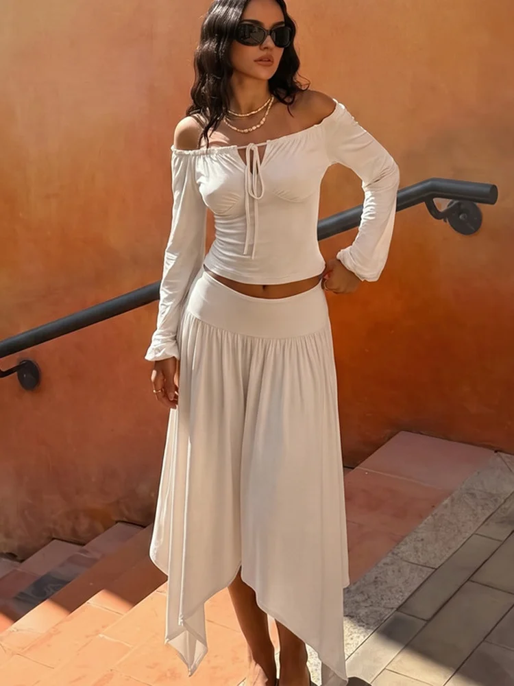 Two Piece Set Long Sleeve Drawstring Cropped Top Handkerchief Hem Party Cocktail Slim Fit High Waist Solid Color Women Set
