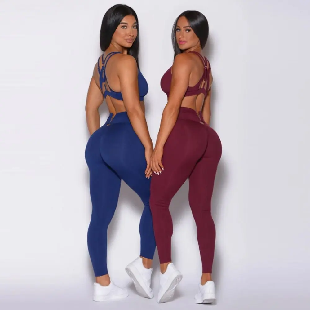 2Pcs Double Cross Strap Yoga Jumpsuit High Waist Shockproof Fitness Bodysuit Comfortable Quick Drying Women's Tracksuit