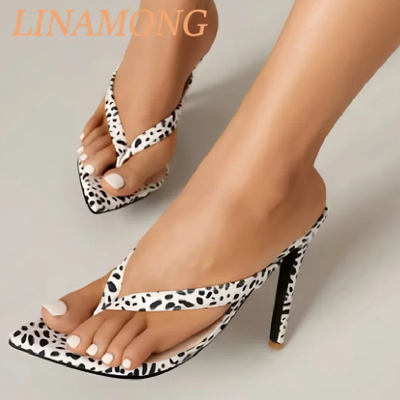 

Panther Print Sandals Clipped Toes Fashionable Pointed Black White Minimalist Set Leather Temperament Slim High-Heeled Slippers