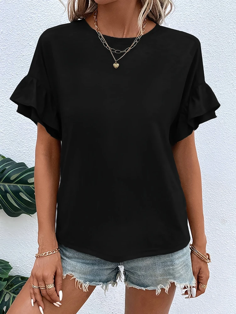 

Loose Tshirts Woman Summer Fashion Womens Clothing O Neck Lotus Leaf Short Sleeve Simple Sweet T Shirt Black Casual Tee Tops