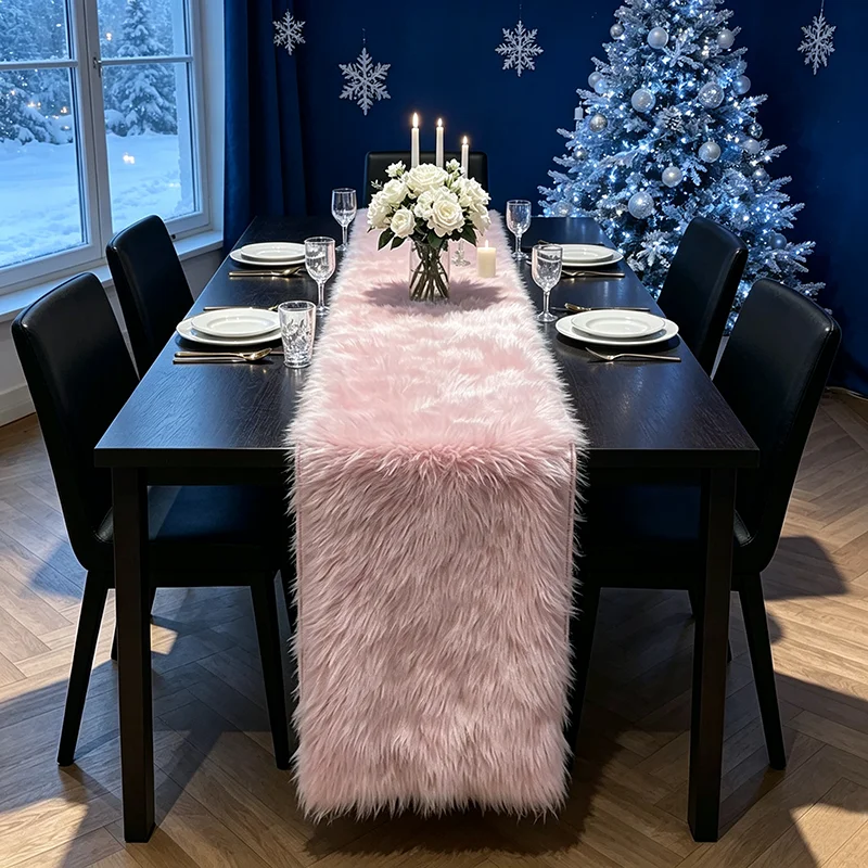 VIKAMA Plush Table Runner Pink Velvet Faux Fur Fleece for Dining Table Vintage Romantic Non Slip Backing Machine Washable Gift