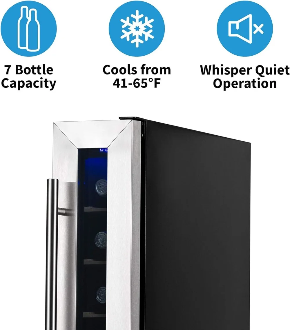 6" Built-in or Freestanding 7 Bottle Wine Fridge, Bar Cabinet Mini Wine Cooler with Beech Wood Shelves, Stainless Steel Wine