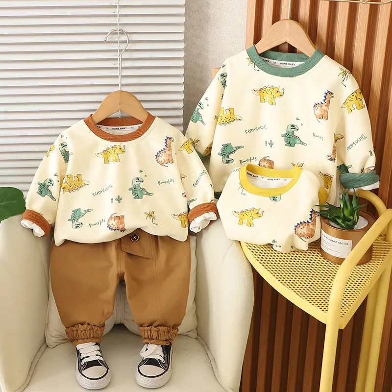 

MILANCEL Autumn Kids 2PCS Hoodie Set for Boys 1-6T Cartoon Dinosaur Pullover Top with Brown Loose Pants Korean Style Outfit