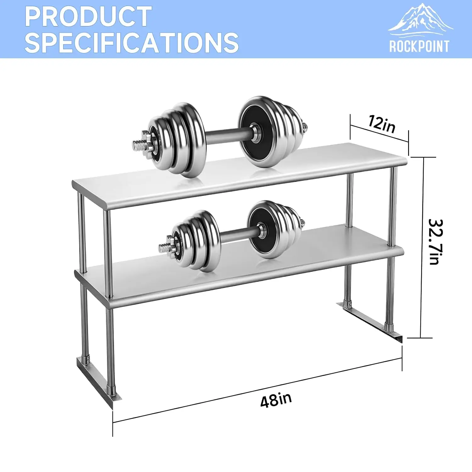 Double Stainless Steel Overshelf 12D 48W Prep Table Commercial Kitchen Home Restaurant Garage 380Lb Countertop Capacity