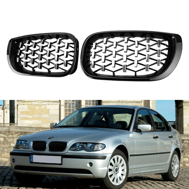 

A Pair Car Front Kidney Grills Diamond Grille Racing Grill For BMW 3 Series E46 318i 320i 325i 4 Door 4DR 2002-2005 Car Styling