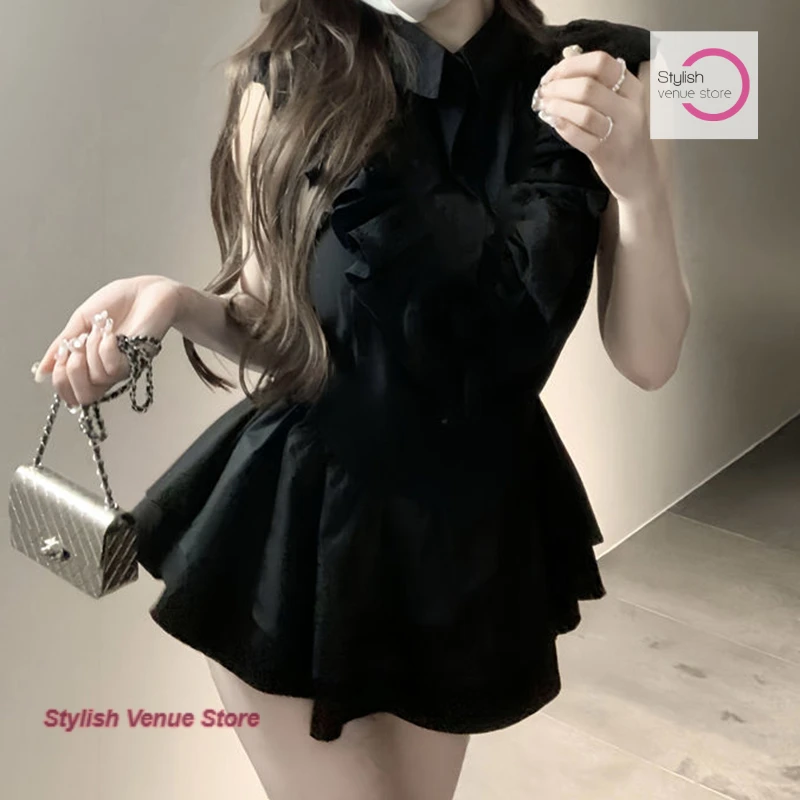 Conception française sens douce épicée fille chemise à volants robe femme été nouveau tempérament doux petites manches volantes taille jupe.