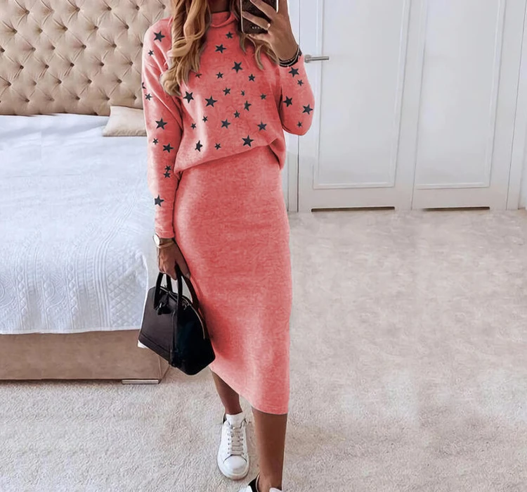 Skirt Sets Fashion Long Sleeve Print High Neck Tight Pullover Top Versatile Casual Hip Wrap Dess Two Piece Suit Y2k Streetwear