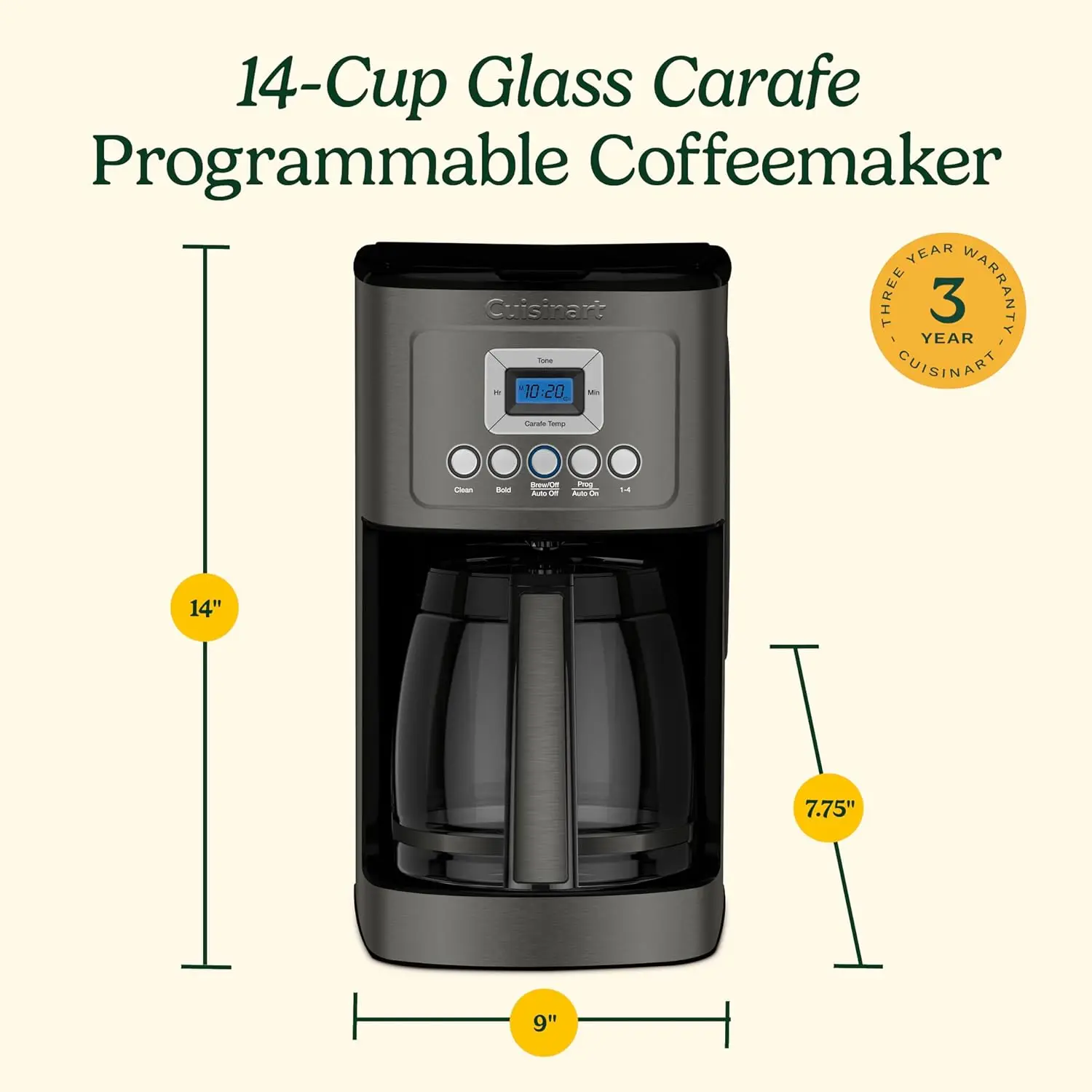 Totalmente automático garrafa de vidro programável, Brew controle de força, aço inoxidável preto, 14 configuração Cup, 1-4 Cup