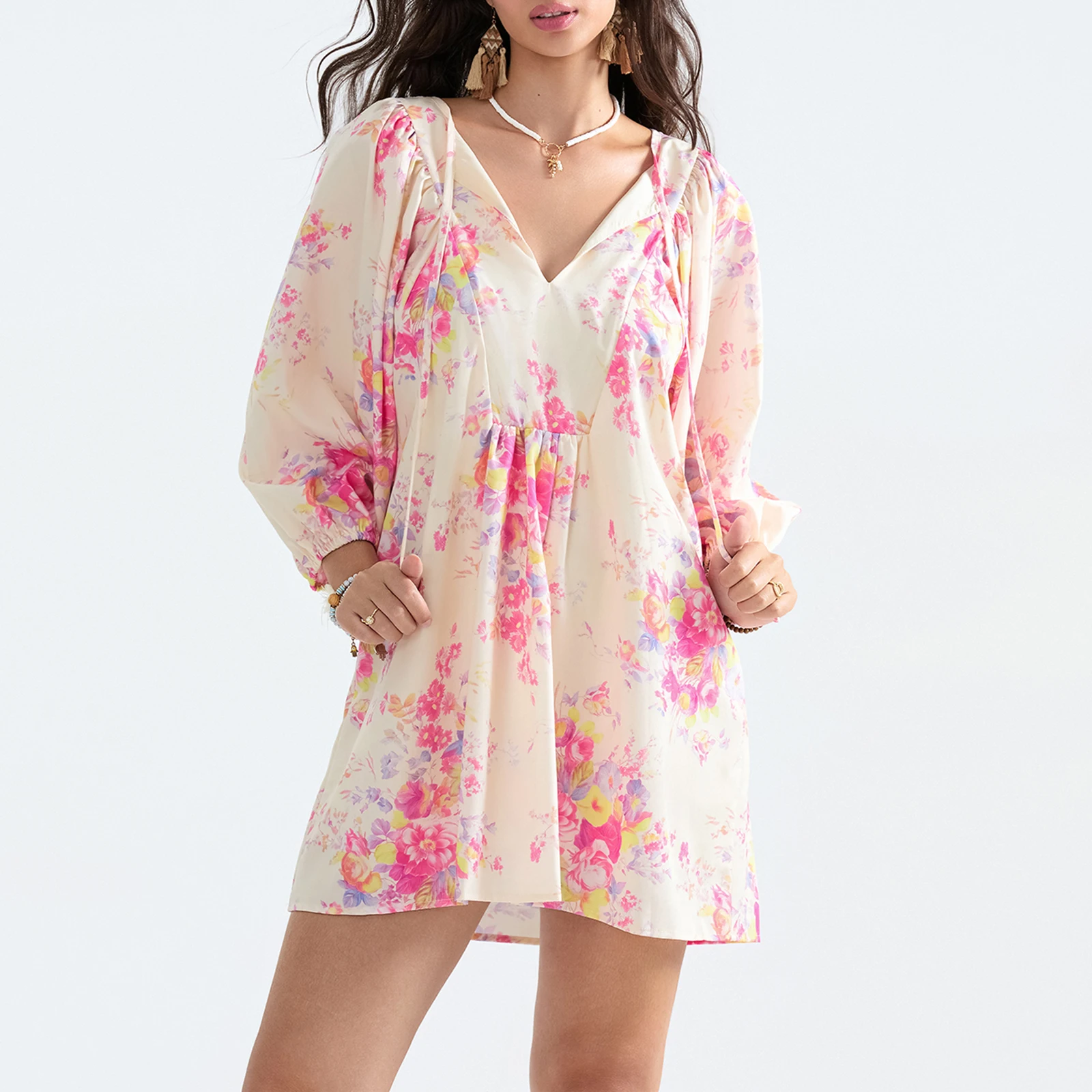 

Women's Floral Print Loose Dress Deep V Neck Lantern Sleeve Casual Short Dress for Daily Travel Party Club