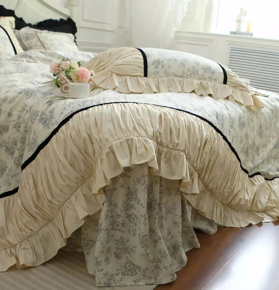 French elegant pastoral floral bedding set,full queen king yellow ruffled cotton home textile bedspread pillowcase duvet cover