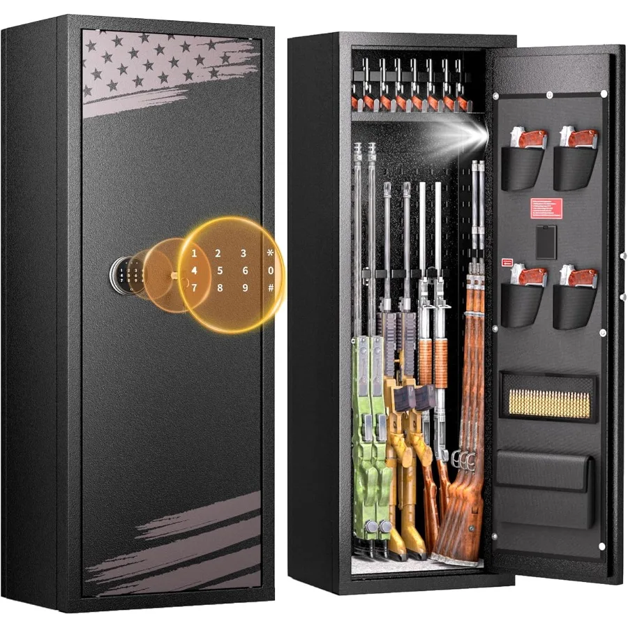 

Secure Home Storage Solution for Long Guns and Handguns with Flag Design: Adjustable Shelving Multiple Pockets and Multifunctio