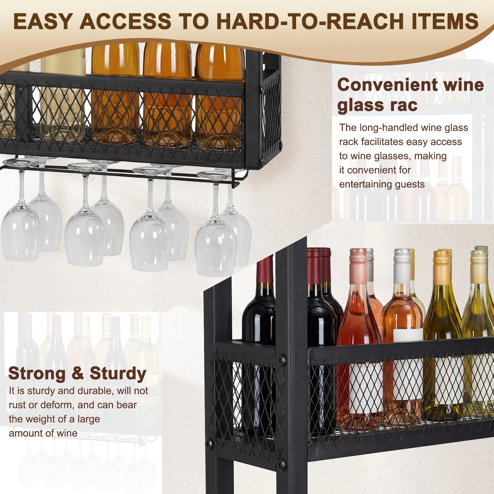 

Настенная 3-ярусная полка для хранения и демонстрации алкогольных напитков (39 дюймов) с держателями для бутылок и стаканов, для кухни, столовой, домашнего бара