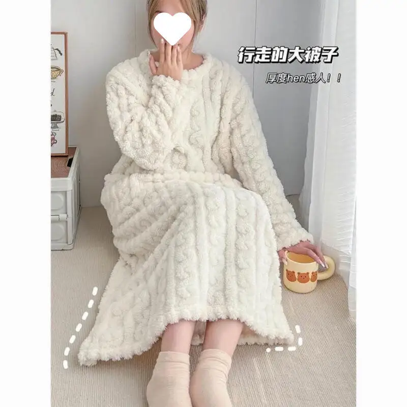 Conjunto de pijama feminino de inverno solto longo com capuz roupão de banho camisola de veludo menina casa robe vestido engrossado quente loungewear