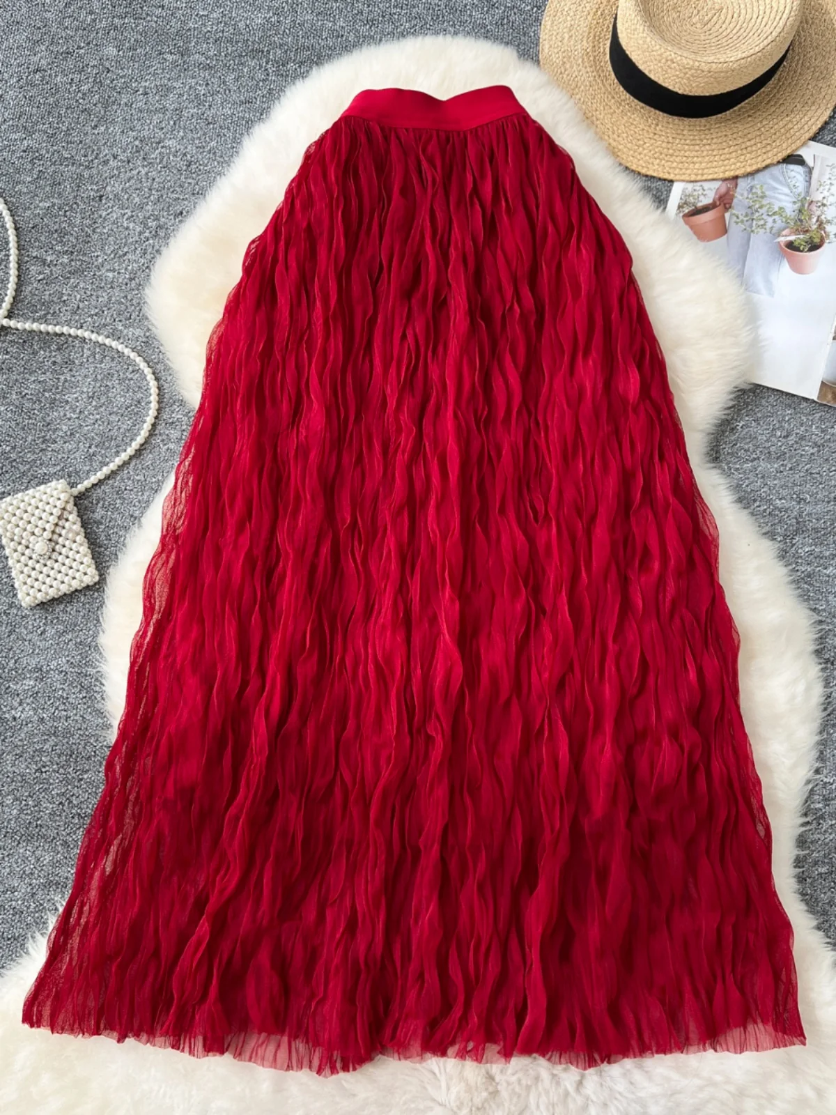 

Ele Fairy f Skirt A-Line Midi Skirt High Waist Slimming Gauze Skirt Pleated Korean Sle Commute Autumn 2024 New Arrival