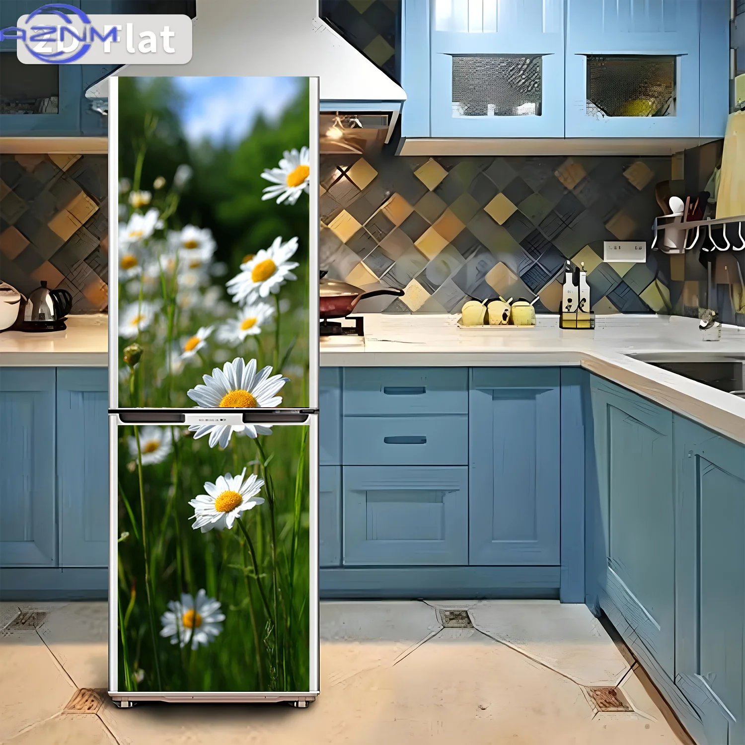 1pc of Refrigerator Sticker, , Themed Design 'Daisy Blooming Image', Self-Adhesive Wall Decoration Wallpaper Suitable for Cabi