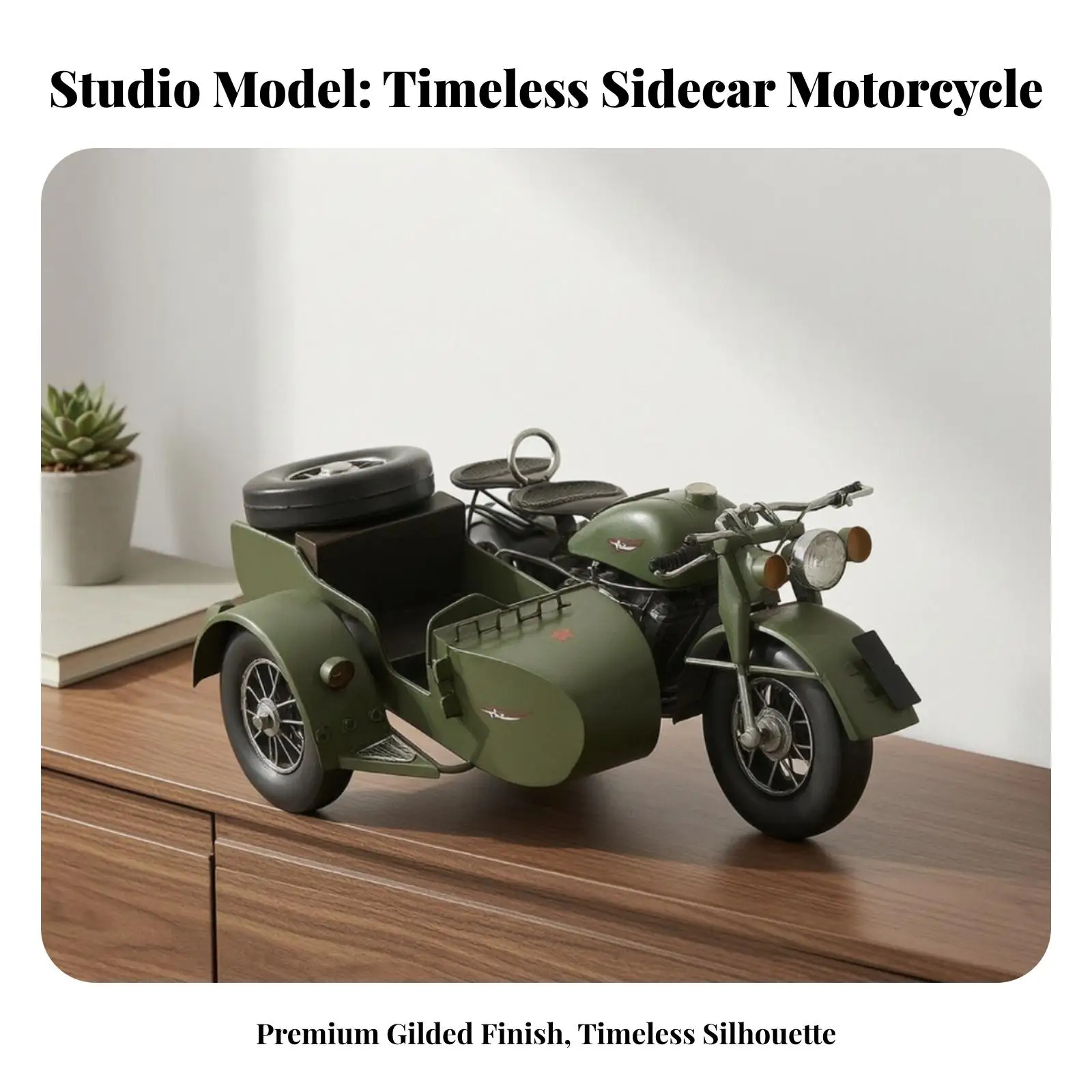 Iron Motorcycle Model with Sidecar Army Green Vintage Style for Industrial Decor Shelf Showpiece Art