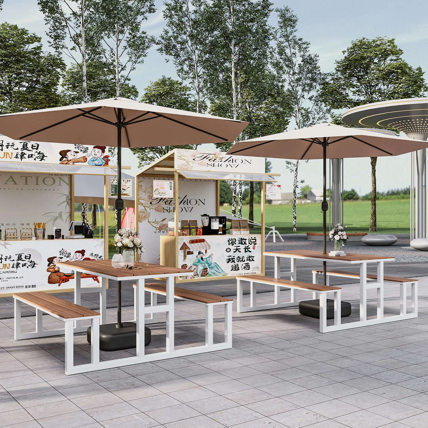 Outdoor square one-piece table and chair combination outdoor courtyard garden plastic wood dining table milk tea shop outside ca