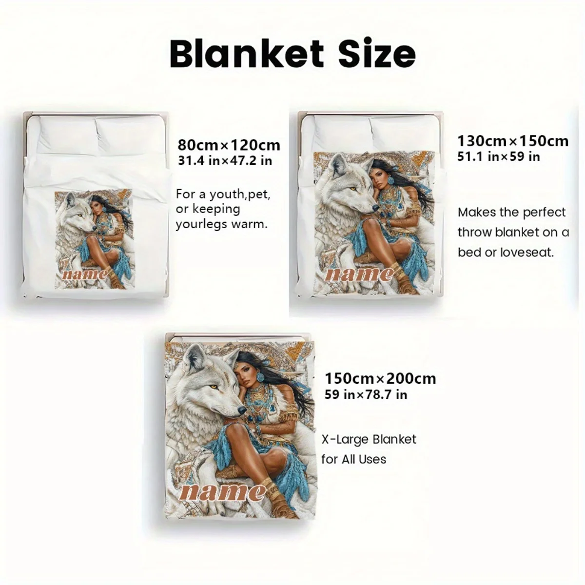 Custom Native American Blanket Woman Wolf Tribal Feather Blue Jewelry Design Personalized Name Fleece Throw All Season Soft Warm
