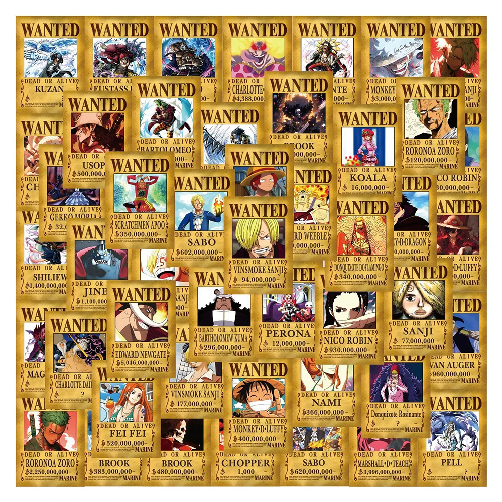 10/30/50/100pcs Anime ONE PIECE Wanted Poster Stickers Cartoon Waterproof Decals Skateboard Fridge Guitar Cool PVC Sticker Pack