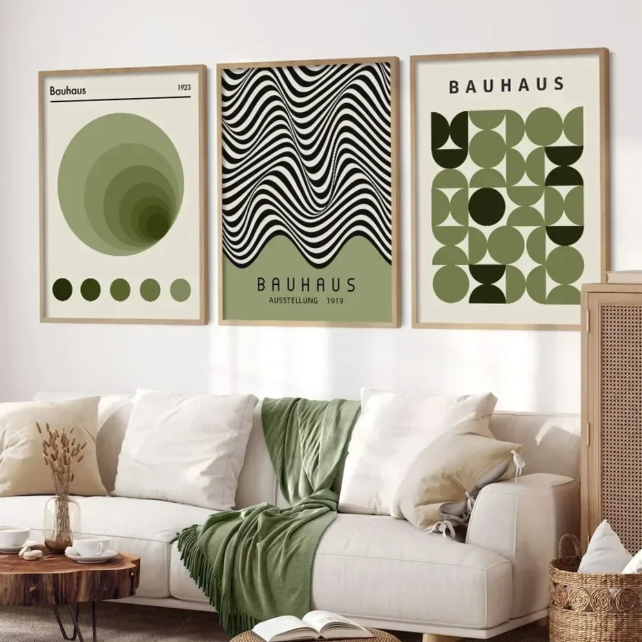 Scandinavian Minimalist Wall Art Bauhaus Green Abstract Canvas Painting Poster Print Home Bedroom Living Room Decoration