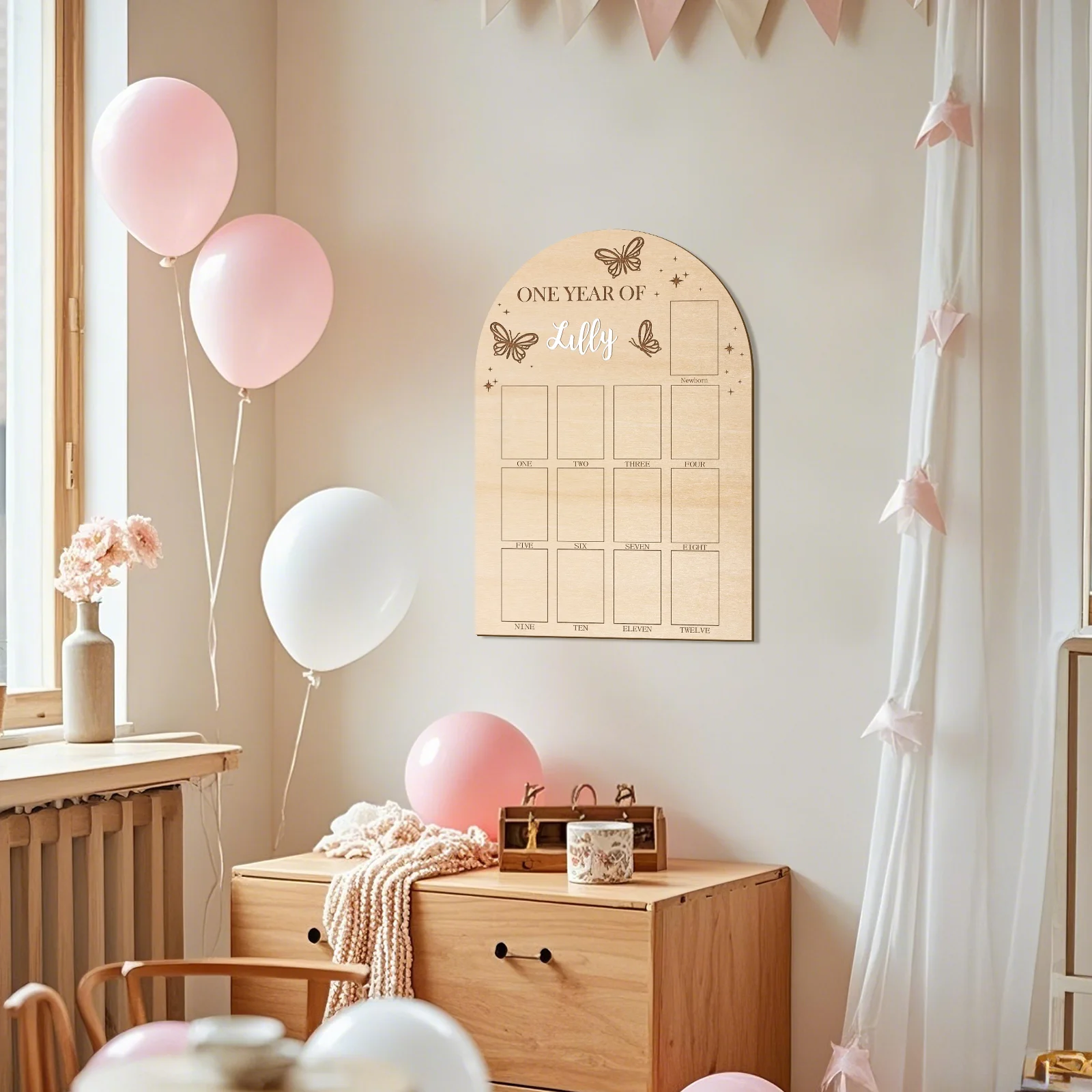 Personalized Butterfly 1st Birthday Photo Board - Wooden Sign with Baby Name in Four Colors, Displays 12 Months of Milestones