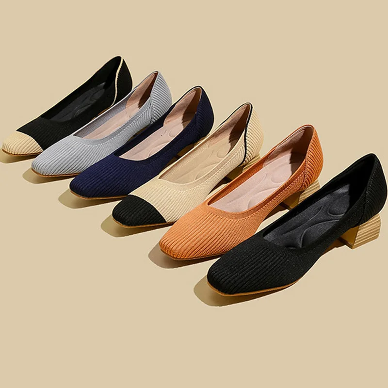 Women shoes  Fashion High Heels Elastic Knitted Breathable Square Toe Latex Sweat-absorbing insole Non slip Rubber Sole New 2023