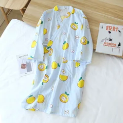 Rabbit Kimono Summe Sleeping Skirt Pajamas Robe 100% Cotton Gauze V-neck Simple Loose Sleepwears Nightly Pijama Home Clothing