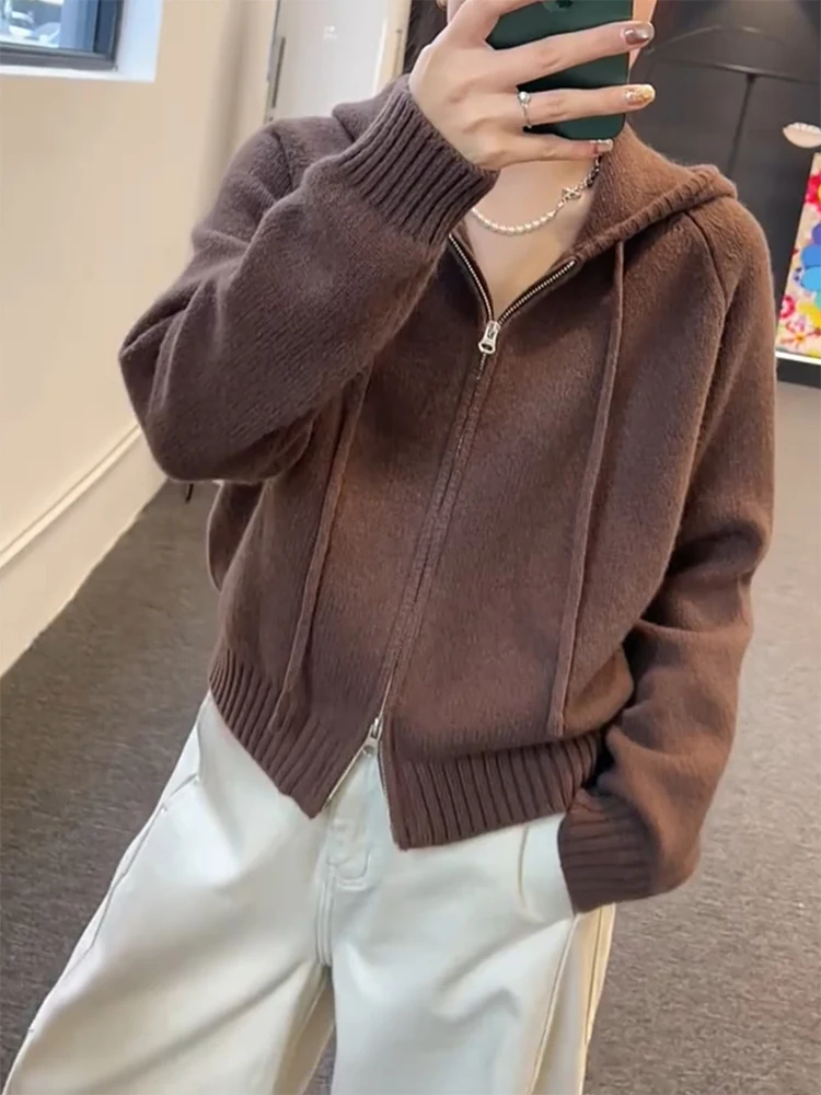 

Корейский мягкий уютный вязаный кардиган с капюшоном, осенне-зимний, новый, больших размеров, универсальный, антивозрастной топ для женщин