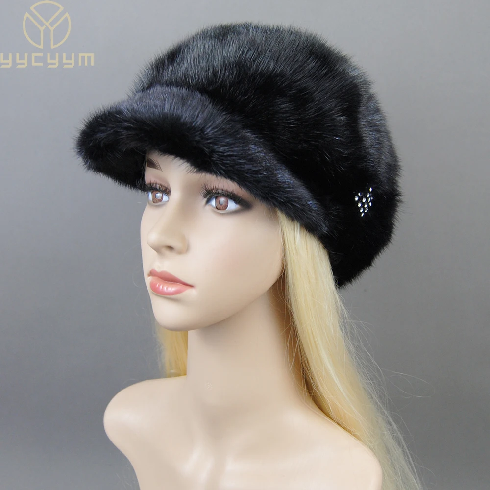 ใหม่หรูหราสุภาพสตรีแฟชั่น 100% Natural Mink Fur Visors หมวกผู้หญิงฤดูหนาวกลางแจ้ง Mink Fur หมวก Full Pelt หญิงหมวกขนสัตว์