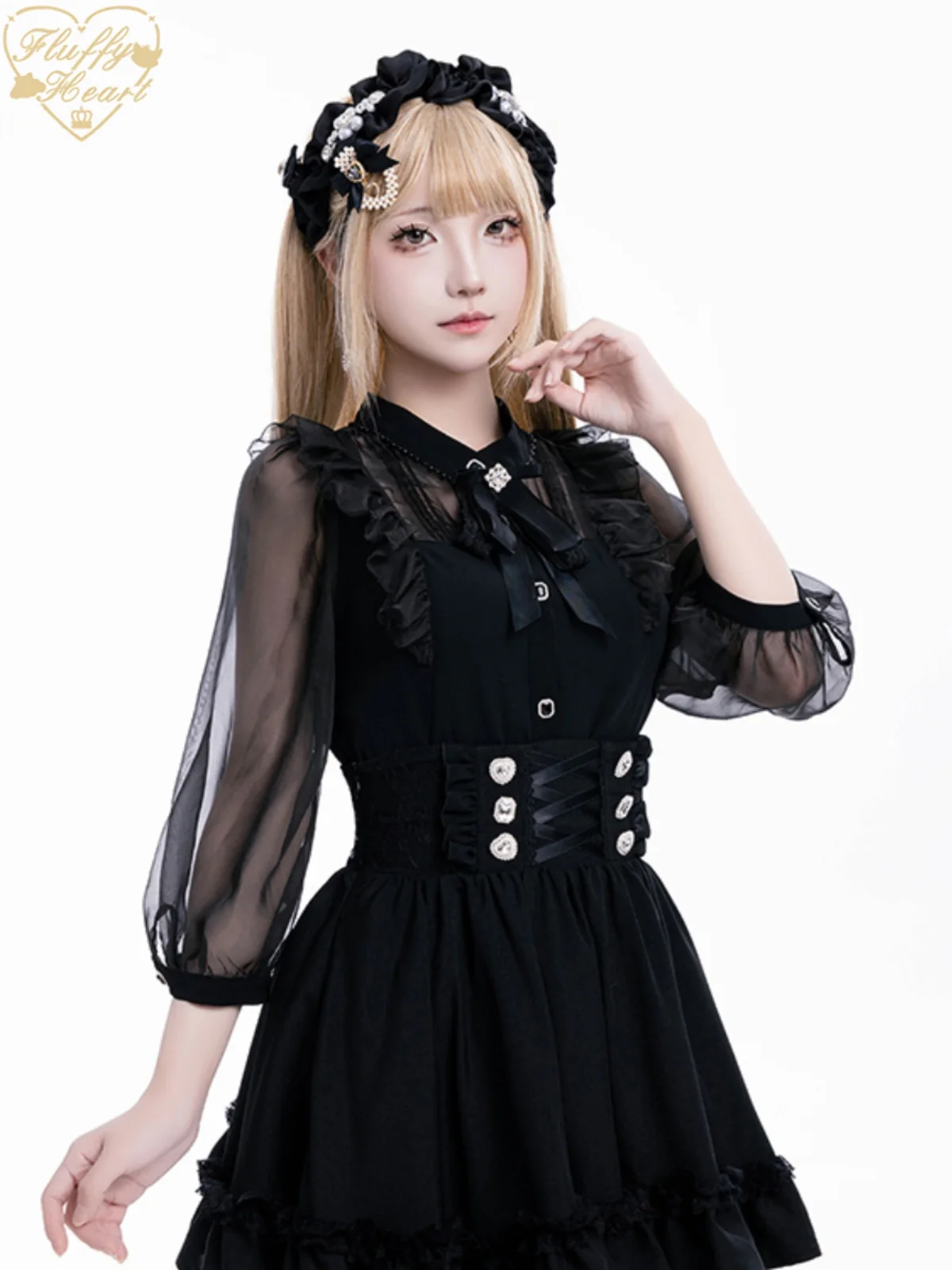 Japanese Style Chiffon Blouse New Summer Ladies Semi-Transparent Girlish Rhinestone 3/4 Sleeve Sweet Shirt Elegant Lolita Tops