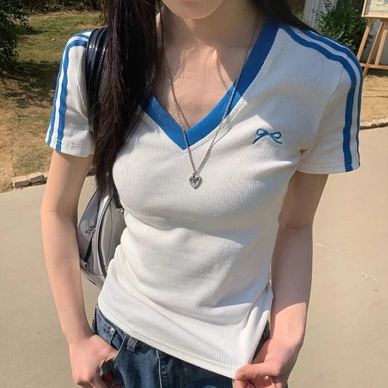 

V Neck Striped Patchwork Slim High Street Tops Women Clothing New Summer Short Sleeve Contrast Trend T Shirts Korean Fashion