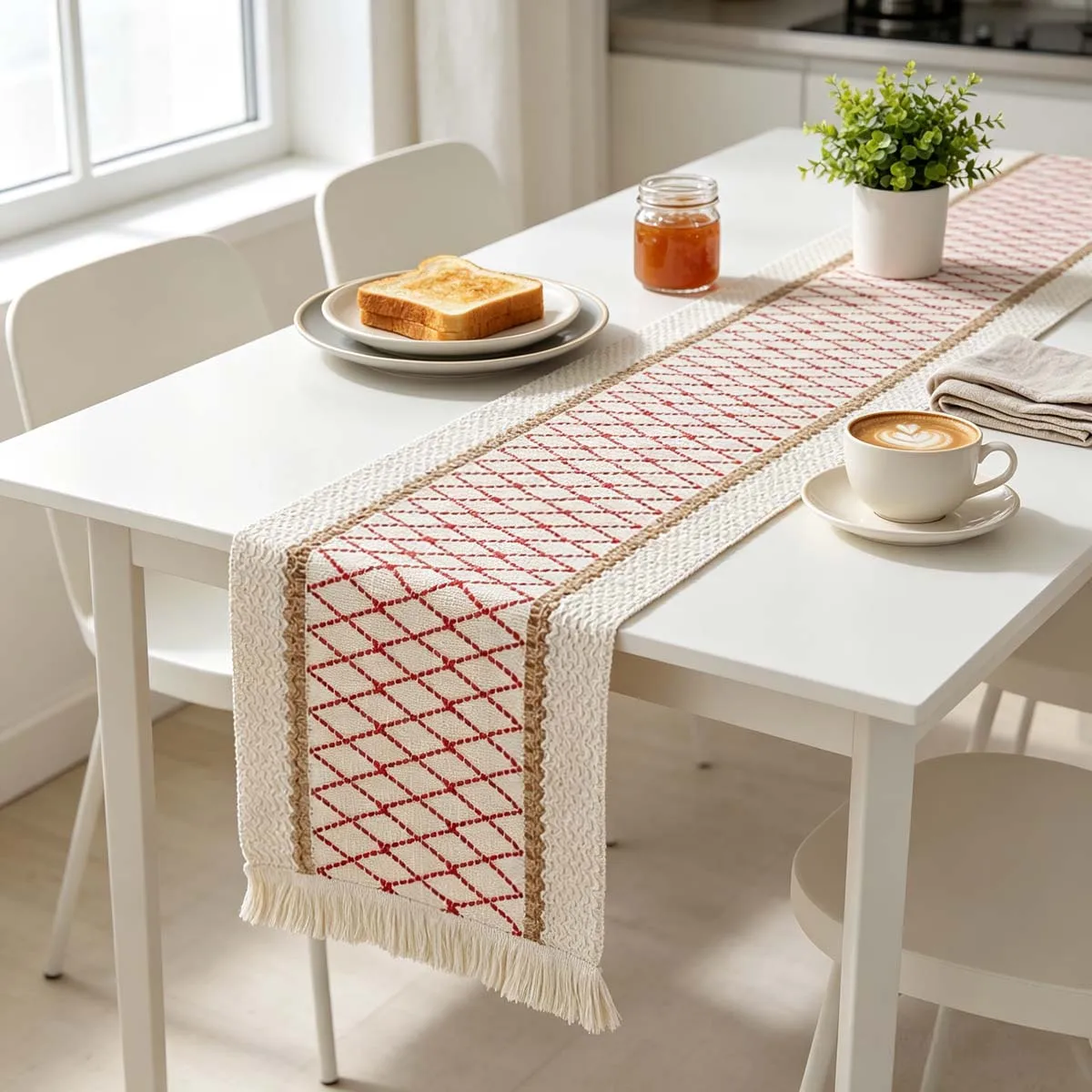 Boho Table Runner Cotton Linen Table Runner with Tassels Natural Rustic Table Runner for Wedding Dining Room Table Decoration
