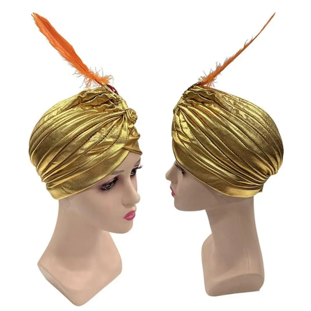 Dress Up Feather Turban Hat Arabian Hats Head Wrap Indian Pleated Cap Ethnic Rhinestones Sultan Costume Headwear Halloween