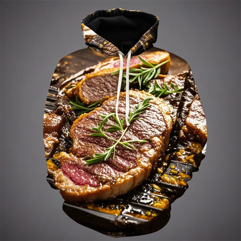

Delicious Food Sweatshirts For Men Fashion Bbq Steak 3D Print Hoodie Mens Casual Women Pullover Y2k Hoodie Loose Oversize Tops
