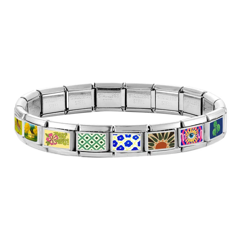 Vintage Personalized DIY Green Italian Charm Bracelet Heart Flowers Eye Village Sun Bead 9mm Bracelet Stainless Steel Jewelry
