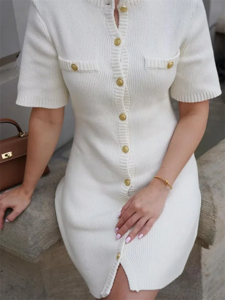 White Knit Mini Dress For Women Fashion Short Sleeve Patchwork Pocket Loose Elegant Dress Women\'s Knitwear Mini Dress 2024