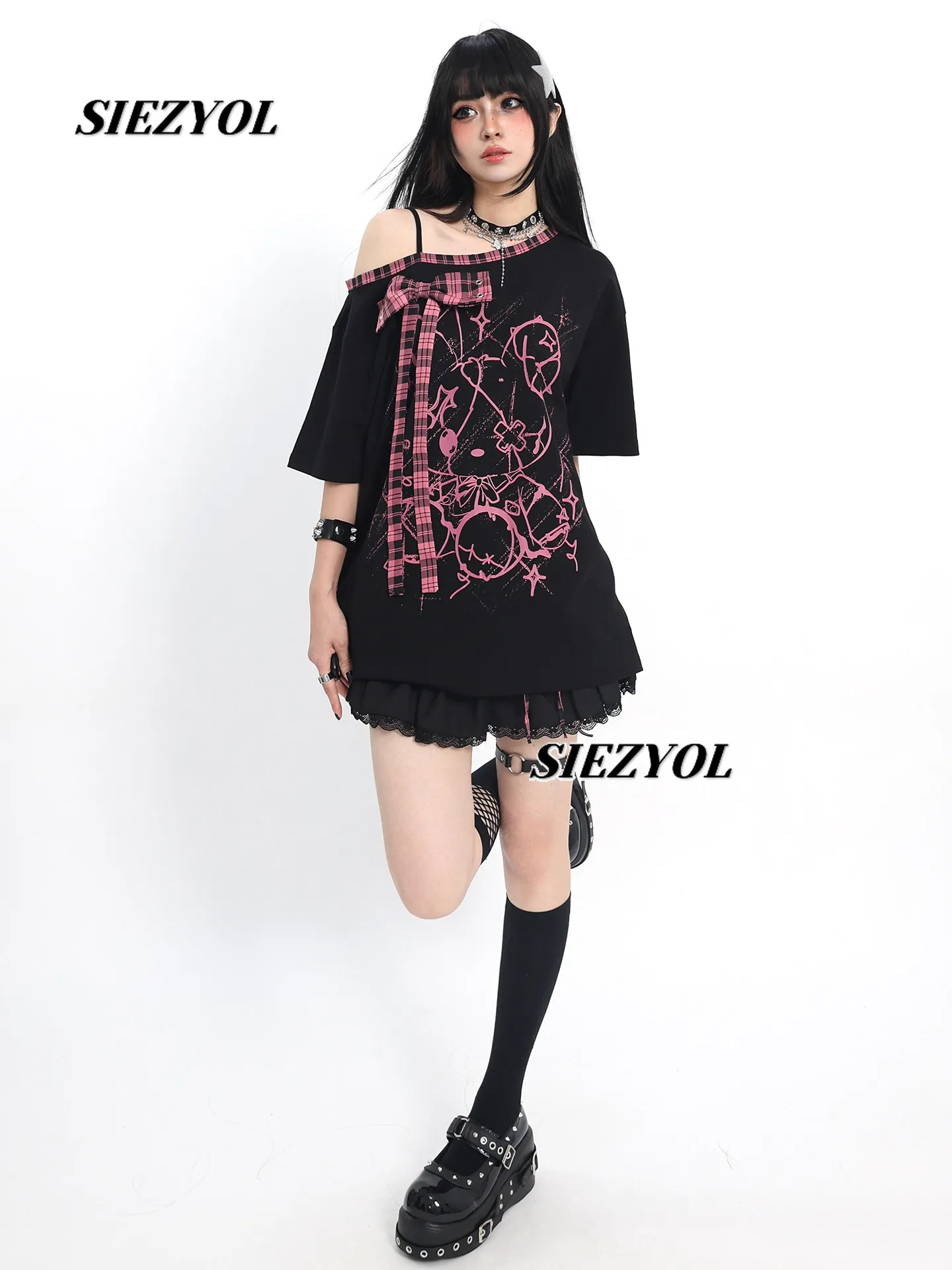 Sweet Cute Girl Black Short-sleeved T-shirt Bow Splicing Loose Tops Summer New Cool Printed Female Tees Kawaii Clothes