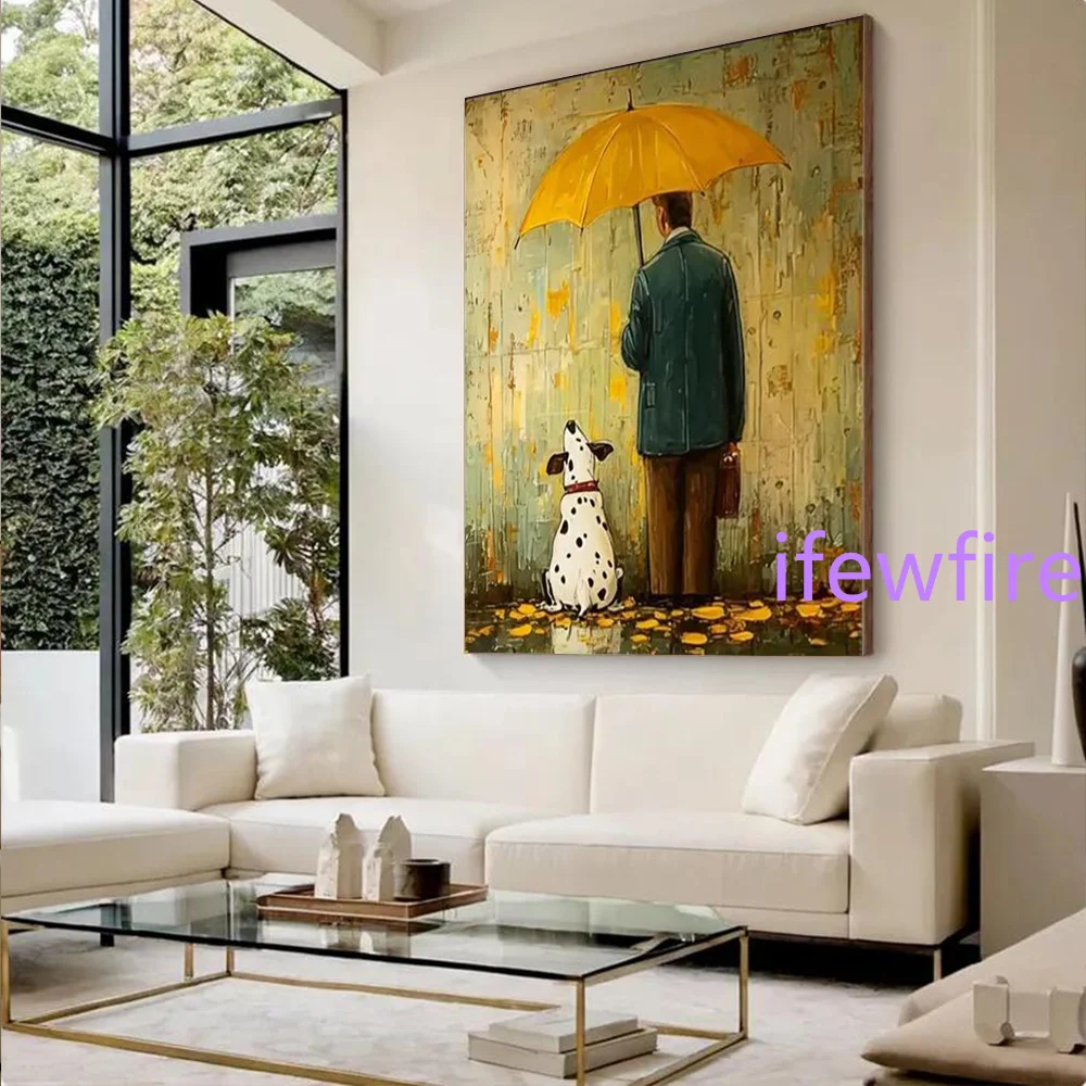 Abstract Oil Painting Father And Dog Wall Art Picture Handmade Canvas Mural Rainy Weather Scenery for Living Room Decor Image