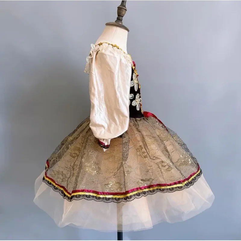 Ragazze Nero Professionale Paillettes Pizzo Lungo Tutu di balletto Gonna Tulle Abito da ballo Bambini Romantico Vestito da balletto Abiti da ballo