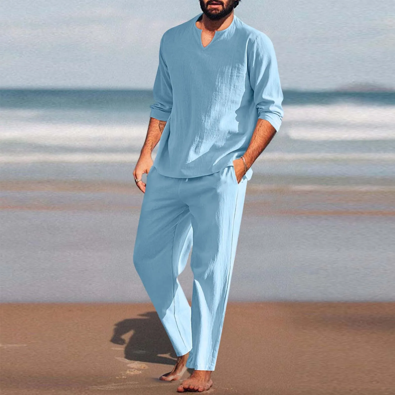 Conjunto de 2 piezas de algodón y lino para hombre, camisa de manga larga con cuello Henley y pantalones largos, ropa informal de playa para correr, Verano